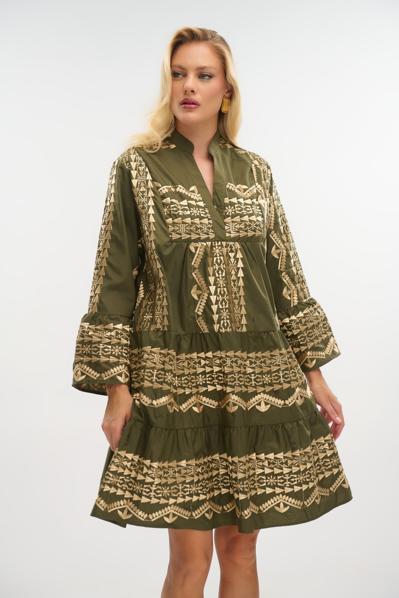 Dress with Mao Collar, 3/4 Sleeves & Gold Details