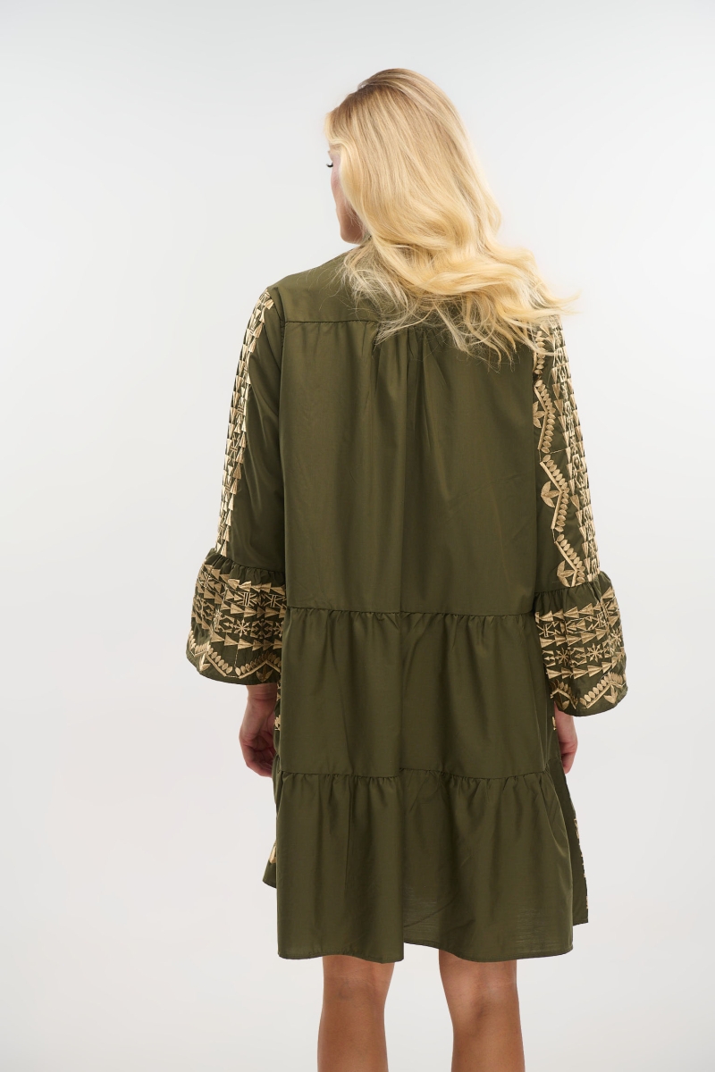 Dress with Mao Collar, 3/4 Sleeves & Gold Details