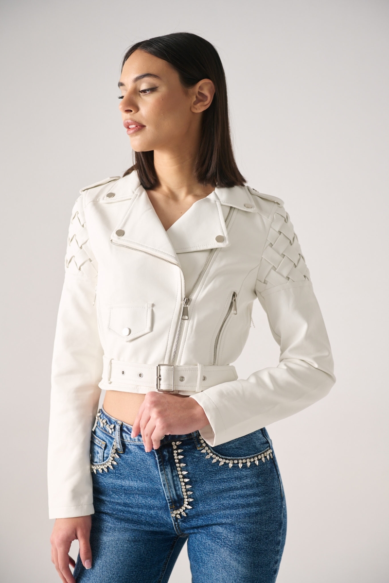 Letter Print And Rhinestones Leatherette Jacket