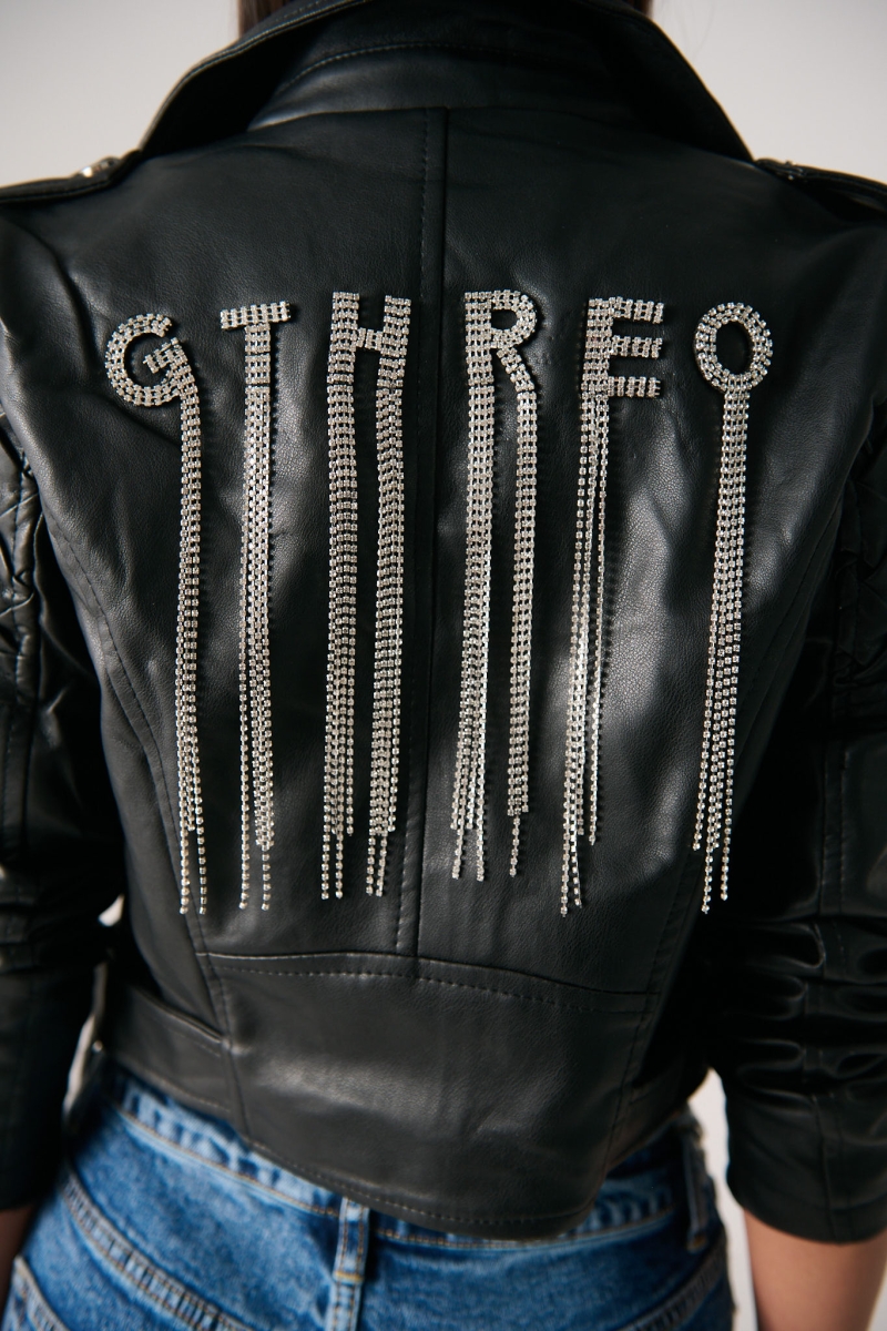 Letter Print And Rhinestones Leatherette Jacket