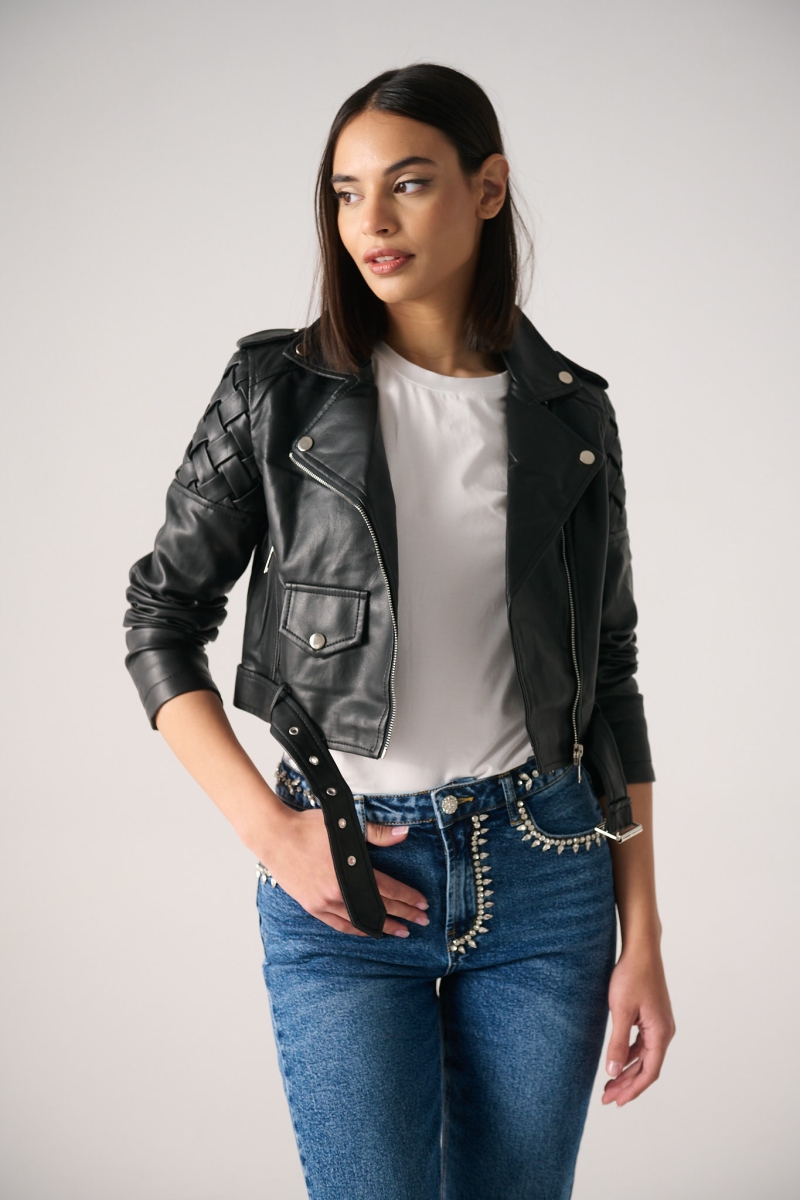 Letter Print And Rhinestones Leatherette Jacket