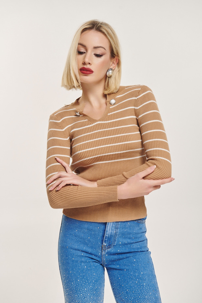 Buttoned Collar Striped Blouse